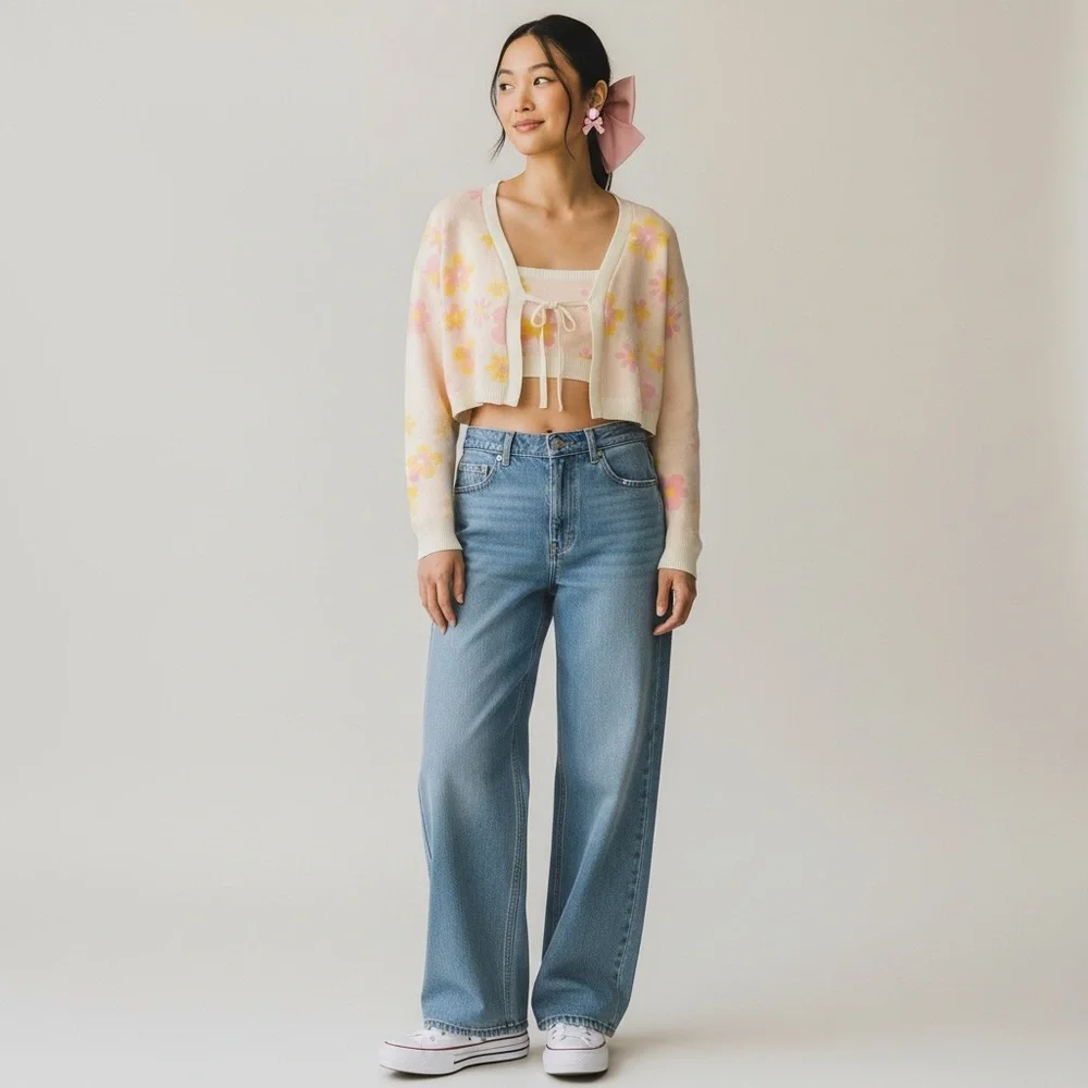 Witty Fox Floral Cropped Knit Cardigan Tank top Set Tie-front pink soft Girl - Picture 2 of 10